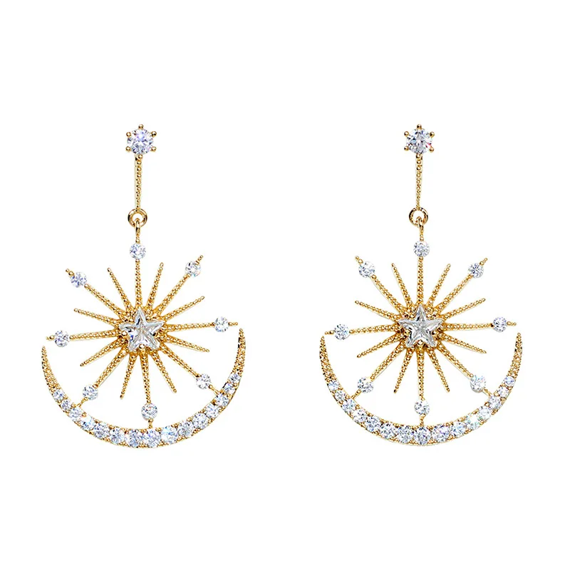 

Luxury S925 Sterling Silver Cubic Zirconia Dangle Stud Earrings Jewelry For Women Stars Moon Drop Earring, Gold