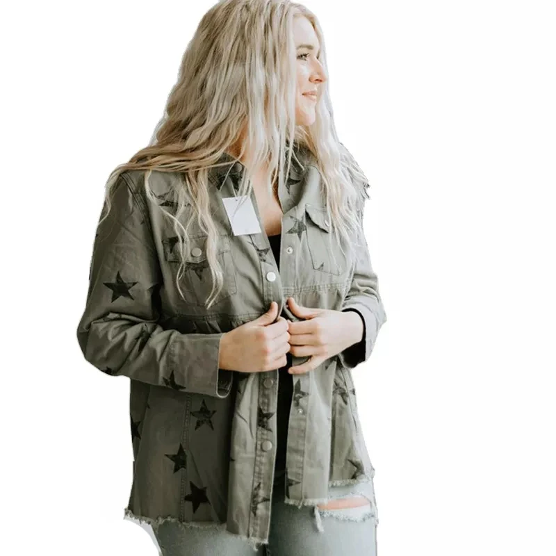 

New Star Printed Long Jacket Coat Female Loose Button Denim Jacket With Pocket Casual Women Top