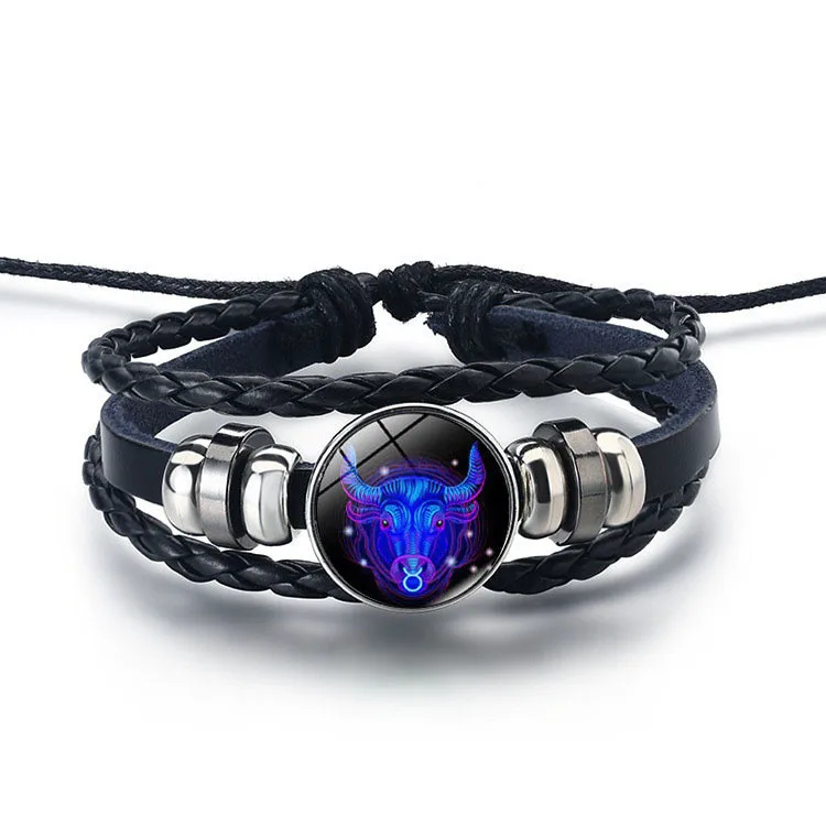 

G1360 Horoscope Braided Leather Rope Luminous Bracelet Jewelry Glow In The Dark Astrology Chinese 12 Zodiac Sign Bracelets