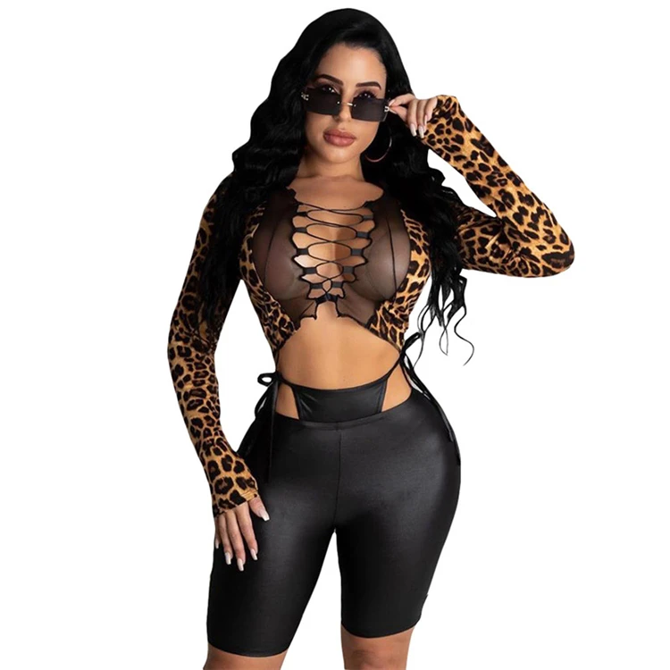 

D96651 Spring womens clothes 2021 new women's underwear sexy V-neck tie leopard-print fashion slim women tops long sleeve