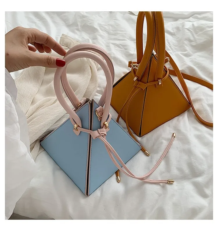 

2020 New fashion personality drawstring triangle women hand bags pu leather cross body purses luxury female leather shoulder bag, Black,yellow,blue,pink