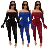 

12AF026 best seller off the shoulder mesh check flare sleeve bodysuit club sexy Pant Sets Women Two Piece Clothes