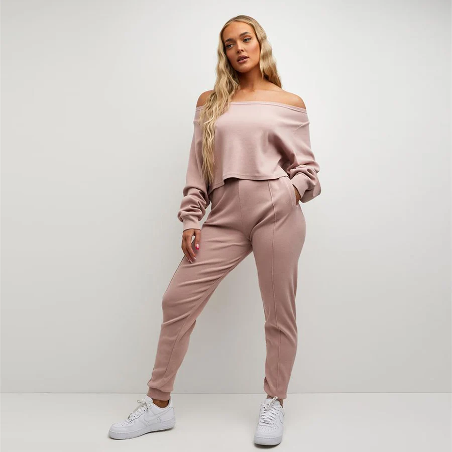 

2021 fall latest design open collar two piece pants set jogger dance sweat suit jogging set for women, White or oem