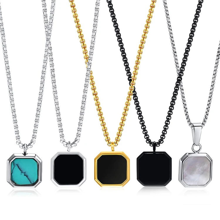 

K067 Jewelry Stone Turquoise cowrie shell necklace Enamel Black Glue Drop Chain Stainless Steel Square Pendant Necklace for Men