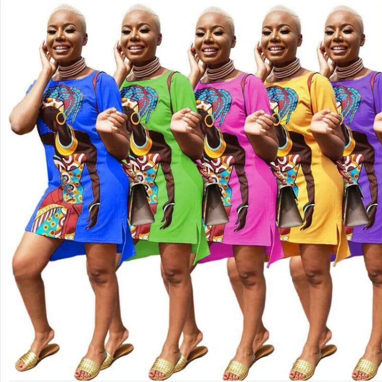 

S-5XL fashion Women short Sleeve African Girl Woman Candy Color Anime Cartoon Printed Casual Summer T shirt Dress, Picture color