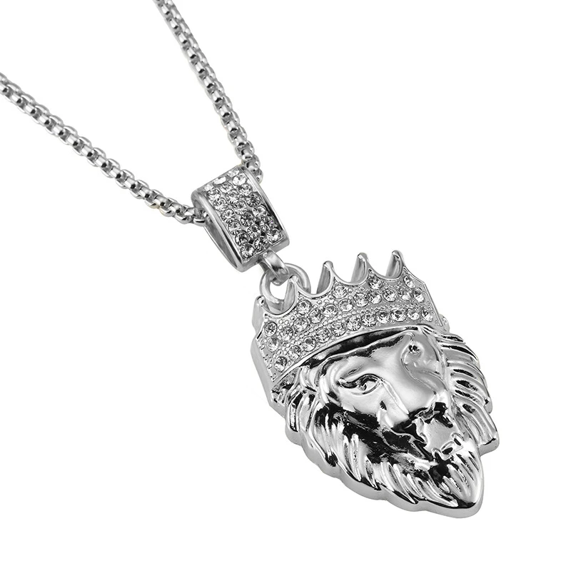 

Fashion Hip Hop Crown Lion Head Pendant Iced Out Rhinestones Curb Cuban Chain Stainless Steel Necklace, Silver color