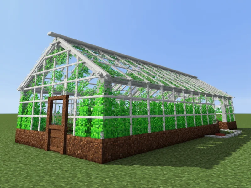 Minecraft greenhouse built with glass blocks showing accelerated crop growth