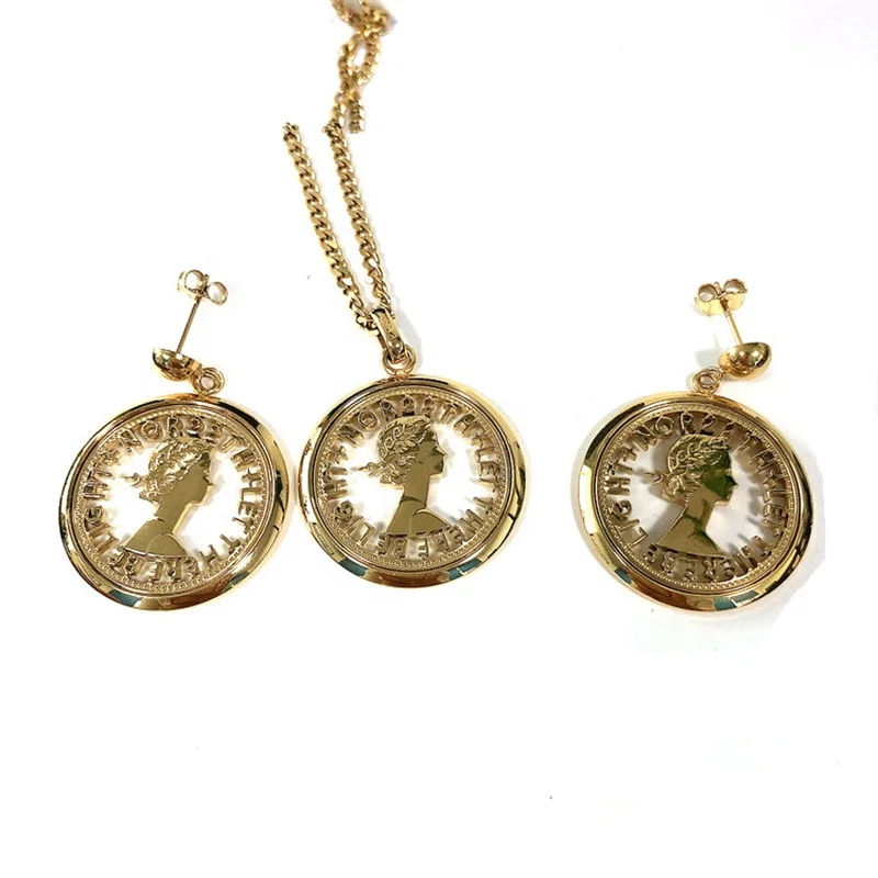 

Janice jewelry Vintage stainless steel gold portrait round earring necklace jewelry set
