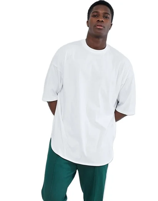 

2021 ZY wholesale customized men short sleeve oversized longline curved hem cotton white t shirts