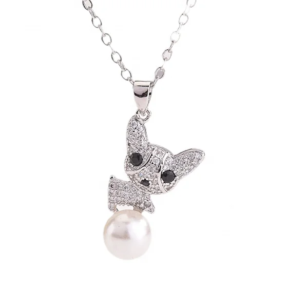 

New design Elaborate Cute Dog 925 sterling silver pendant Natural Freshwater Pearl Zircon CZ Women gift gold plated jewelry, White gold (rose gold, yellow are avaliable)