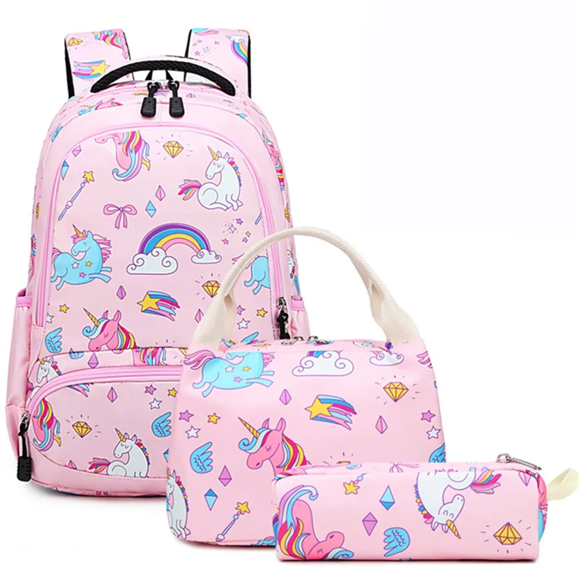 

New Large Capacity Unicorn School bag 3 Pieces Set Cute Nylon Waterproof School Backpack for school children, Pink