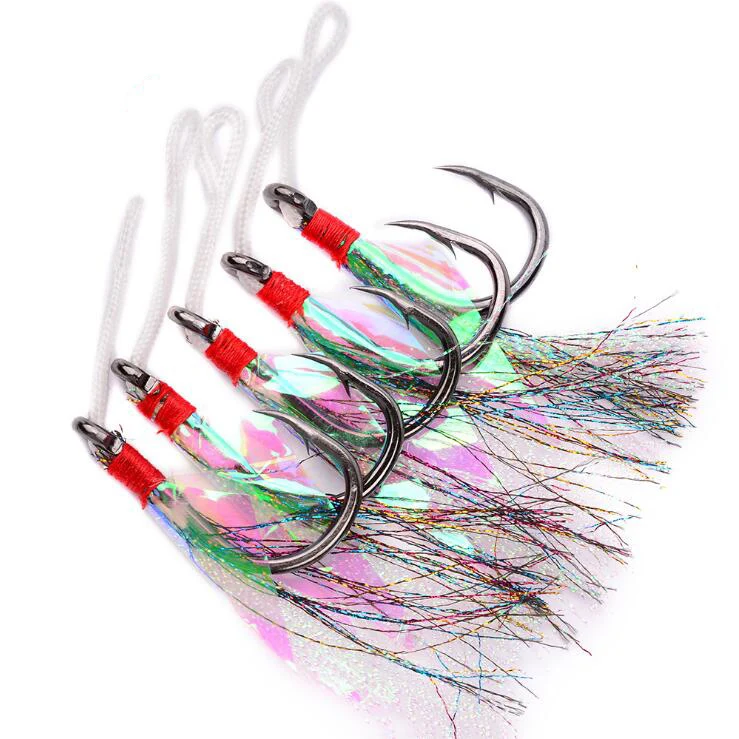 

WEIHE 1/0# 3/0# 5/0# 7/0# 9/0# 5pcs silk bonding fishing single hook with feather