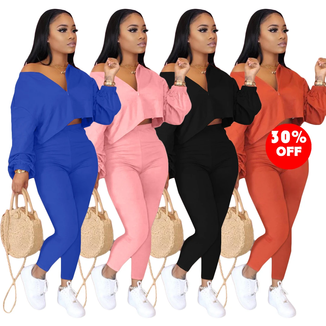 

fall 2021 women clothes custom logo Casual two-piece long sleeve off shoulder pantsuit solid colors two piece sets, As picture