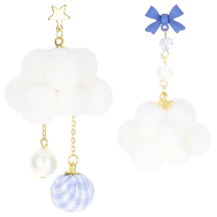 

SC Cute Korean Pom Earrings Trendy Asymmetrical Long Pearl Dangle Earrings White Clouds Drop Pom Pom Earrings for Teen Girls