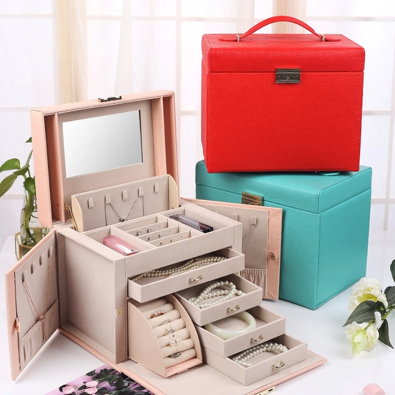 

2022 New Design Large Jewelry Storage Box With Mirror PU Leather Necklace Ring Earring Organizer Storage Box