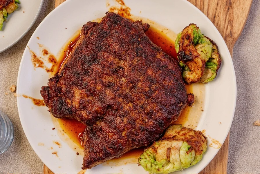 Oven-cooked brisket on a cutting board with herbs and spices nearby