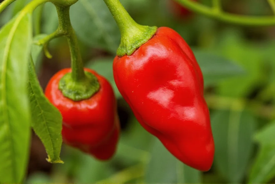 Close-up photograph of ripe red Trinidad Scorpion peppers growing on plant in tropical environment with visible scorpion-tail shape