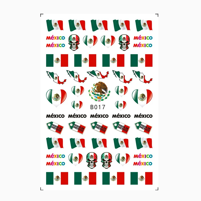 

Mexico Flag Nail Art Design Rainbow Colors Decals Love Heart Butterfly 3D Nails Stickers Self Adhesive Nail Polish Sticker Flag