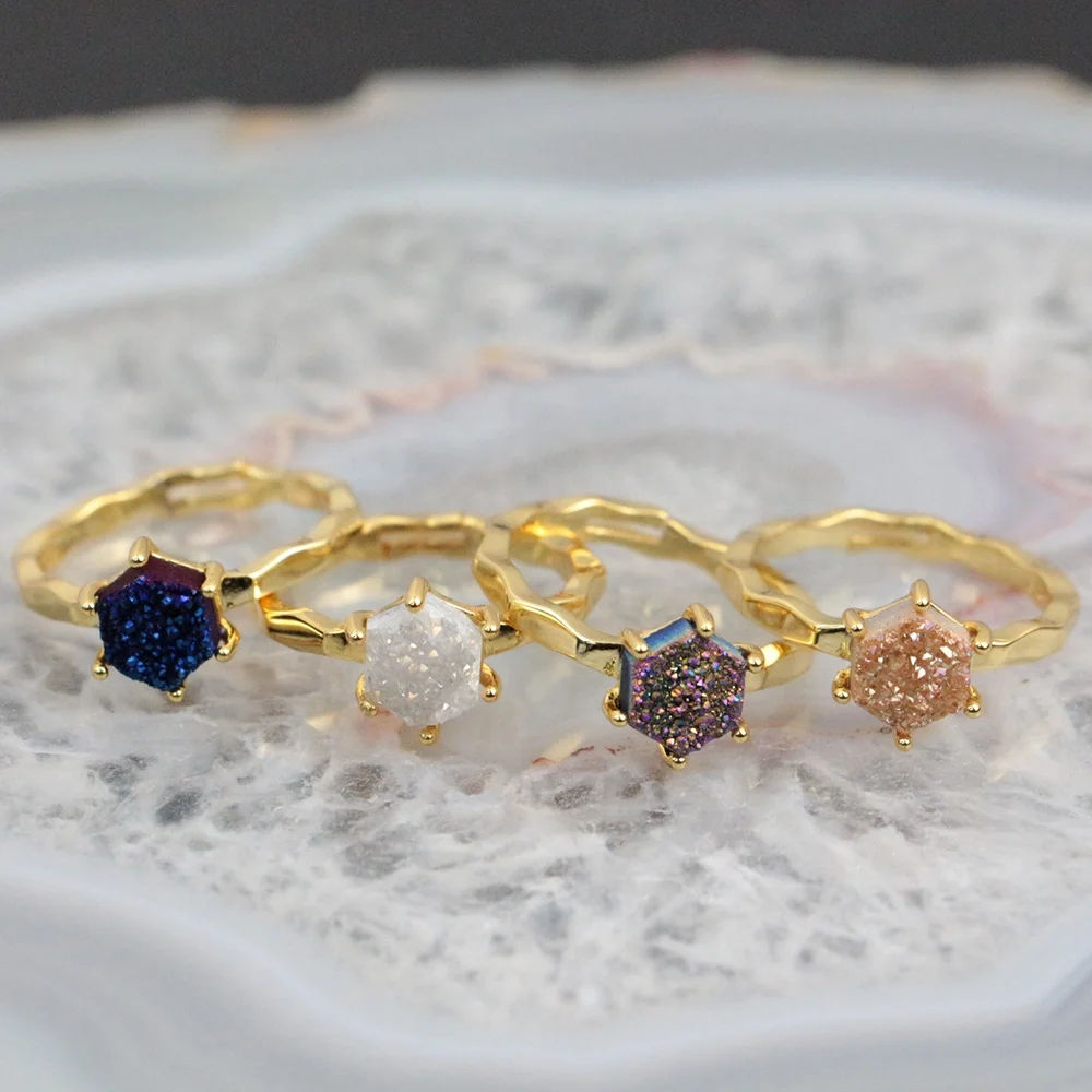 

BD-T070 Wholesale natural druzy jewelry rings,hexahedral shape druzy gemstone ring,many colors available, As picture