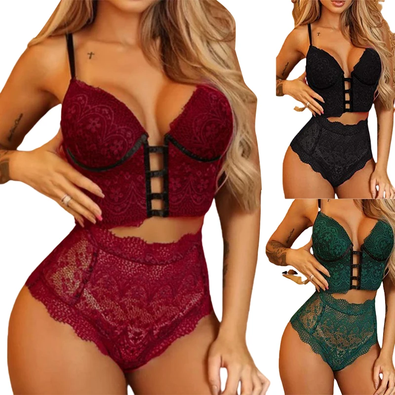 

Women's Clothing Women's Underwear Sexy Lingerie Set Female Exotic Lace Babydoll Nightwear Bra Panties Two Piece Suits, Picture shows