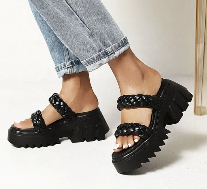 

Platform Knit Fashionable Price Favorable PU Waterproof Chunky Heels Anti-Skidding Summer women sandals, Black blue cream - colored