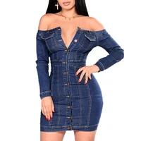 

Long sleeves washing denim button down mini bodycon club dress OSS-18331