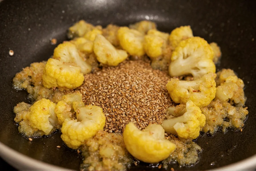 Cumin seeds toasting in a traditional Indian tadka pan with cauliflower and potatoes