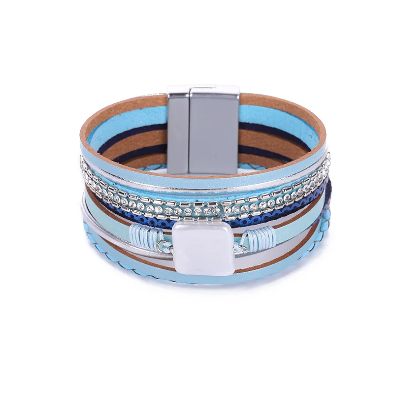 

Blue Multilayer Leather Bracelet Women Bohemian Handmade Braided Square Pearl Leather Wrap Bracelet with Magnetic Clasp