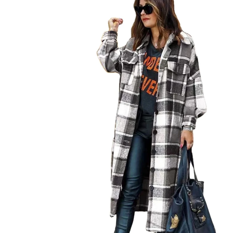 

women Lapel Button Up Long Sleeve Long Shirt Jacket Shacket Plaid Fashion Cardigans al por mayor, 6 colors available