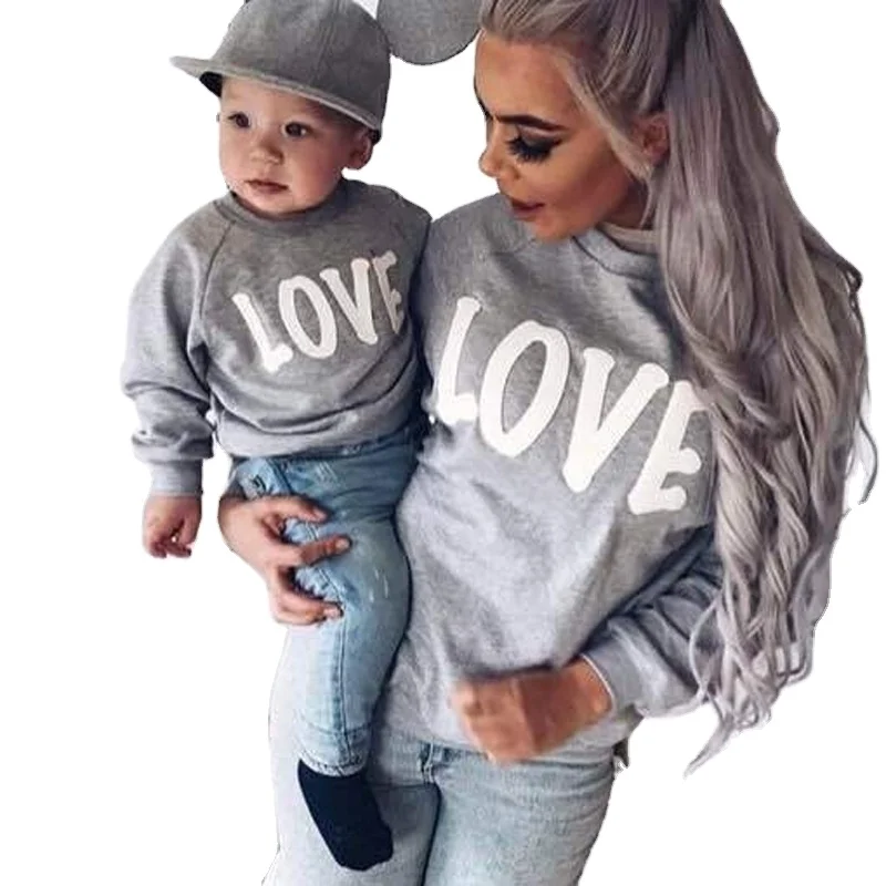 

Hot Sale Mommy and Me Matching Outfits Love Letter Print Long Sleeve Round neck Clothes Pullover Sweatshirt, Pink/grey/black
