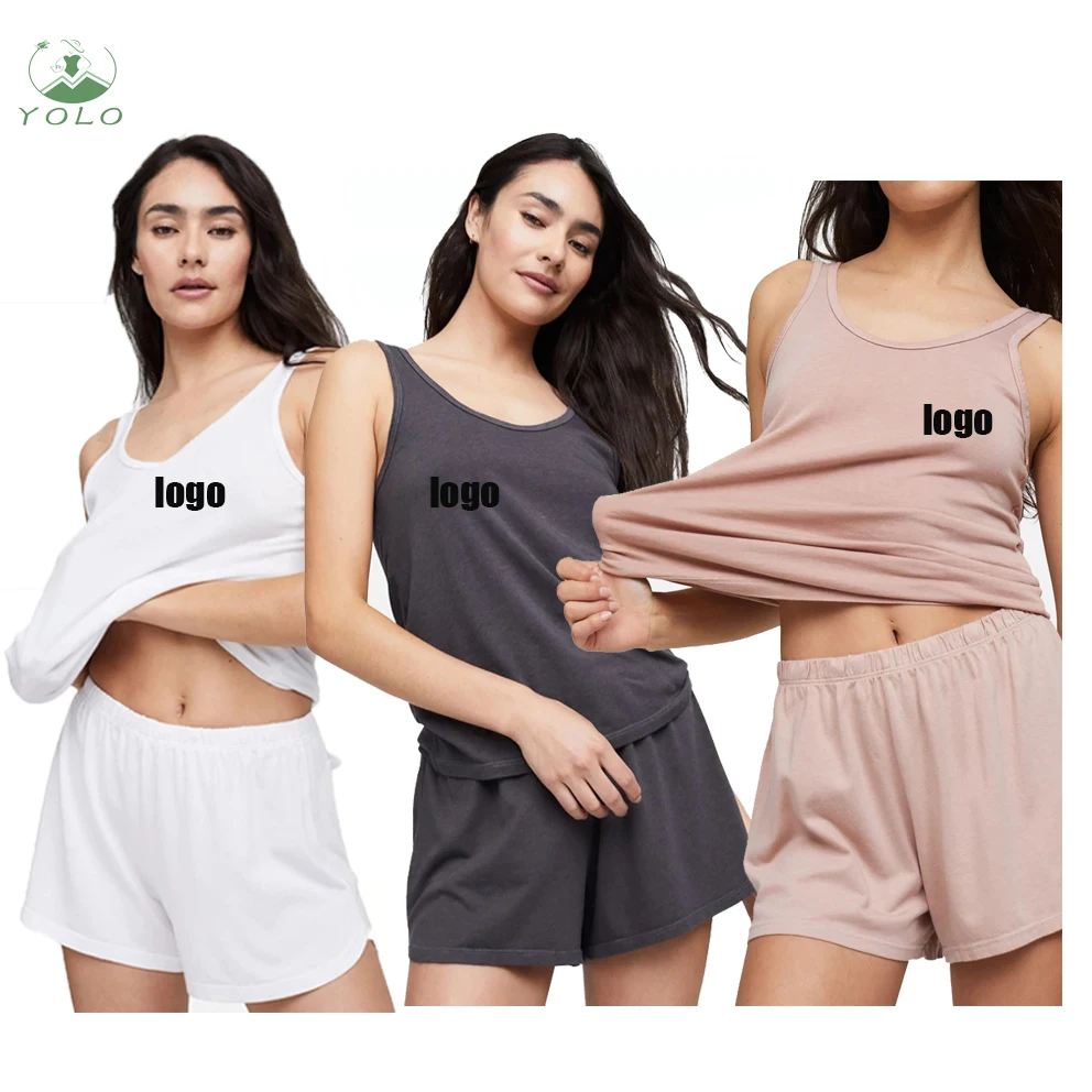 

Womens Cotton Pajama Set Sleepwear Lounge Wear Solid O Neck Sleeveless Tank Tops Soft Shorts Pajamas Woman Nightwear With Pocket, Picture