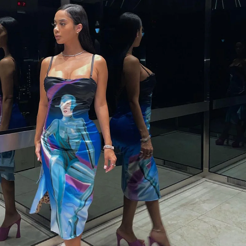 

New Design Autumn Clothing Printed Suspender Slim Sexy Women African Long Dresses