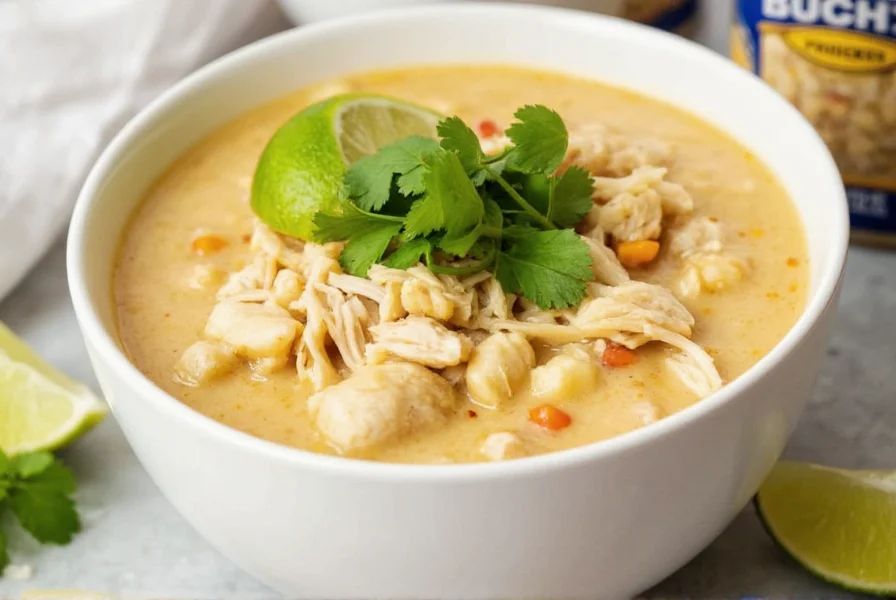 Close-up of Bush's White Chicken Chili with cilantro and lime garnish