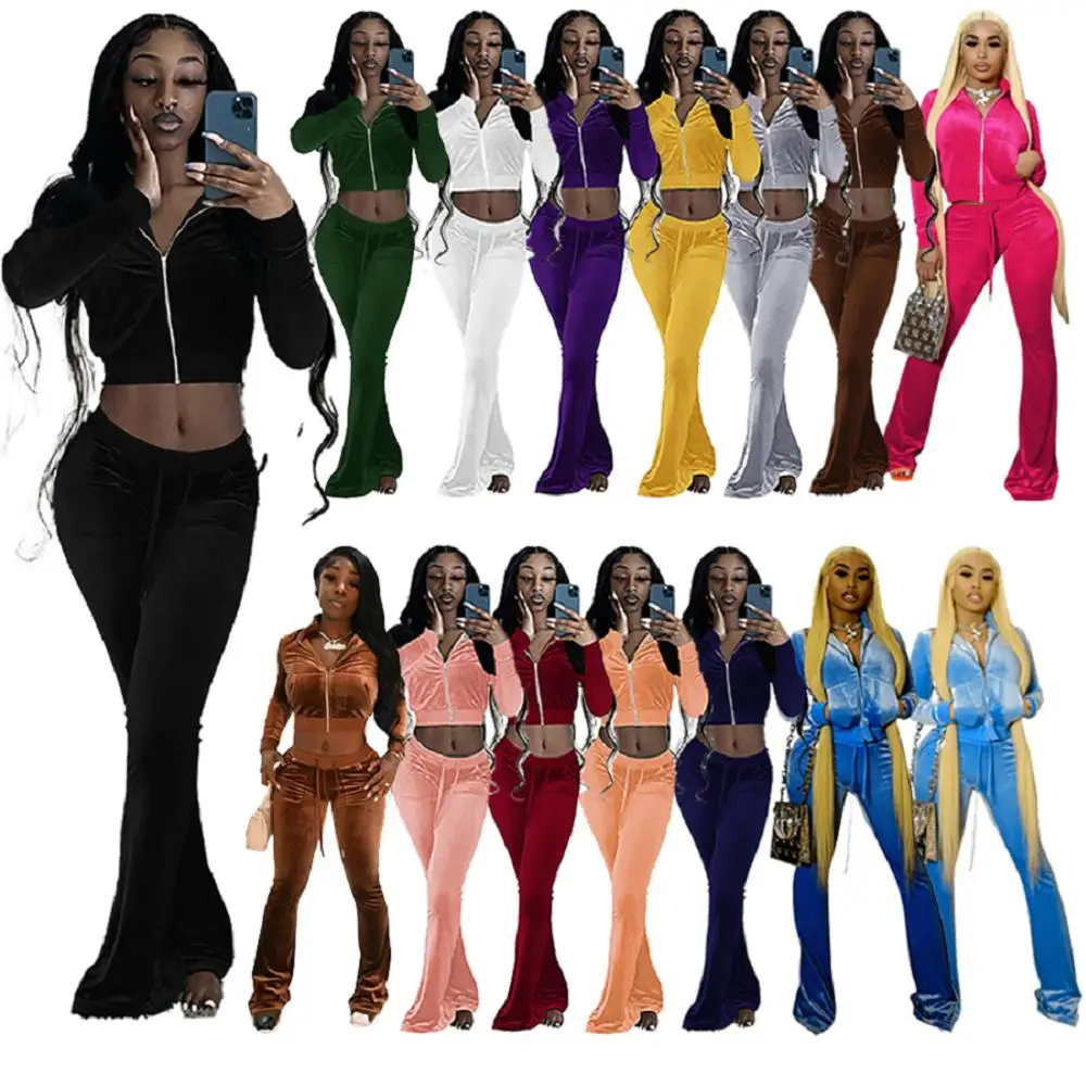 

Autumn Sweatsuit Women Velvet Outfits Fall Long Sleeve Crop Top Sweat Pant Two Pieces Set Velvet Velour Tracksuit For Woman