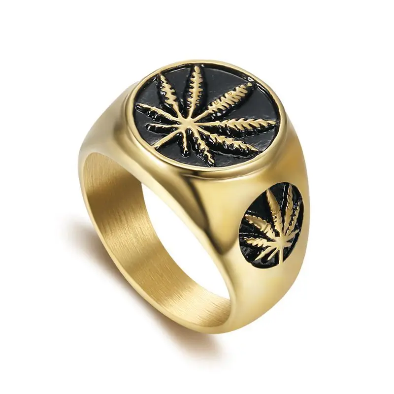 

High Quality Leaf Fashion Accessories Stainless Steel Jewelry Hiphop Gold Men Rings