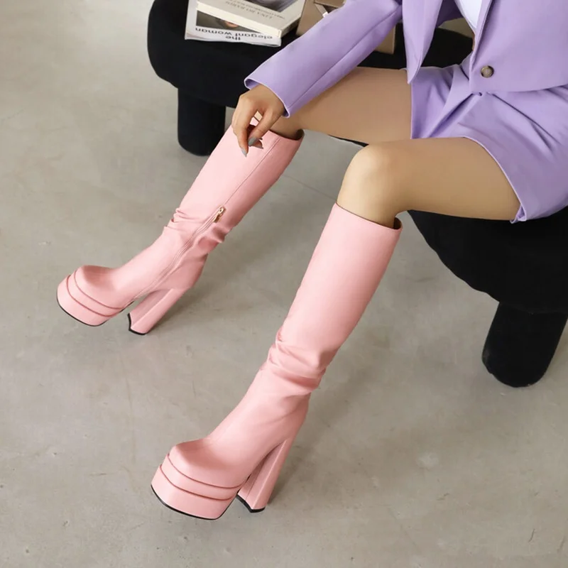 

Women's Platform Knee High Boots Custom Colors Materials Handmade Block Heels Shoes Wrinkle Upper Square toe Booties