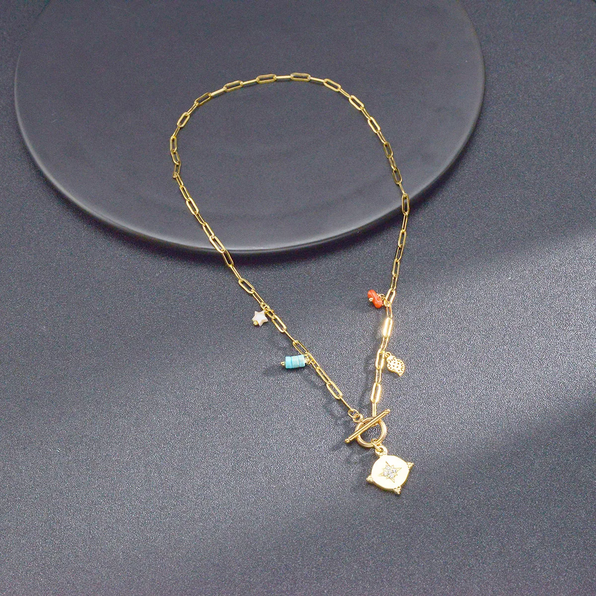 

BN1521 New Fashion Stainless Steel Unique Design Turquoise Gravel Inlaid Diamond Star Pendant Necklace For Women, Gold