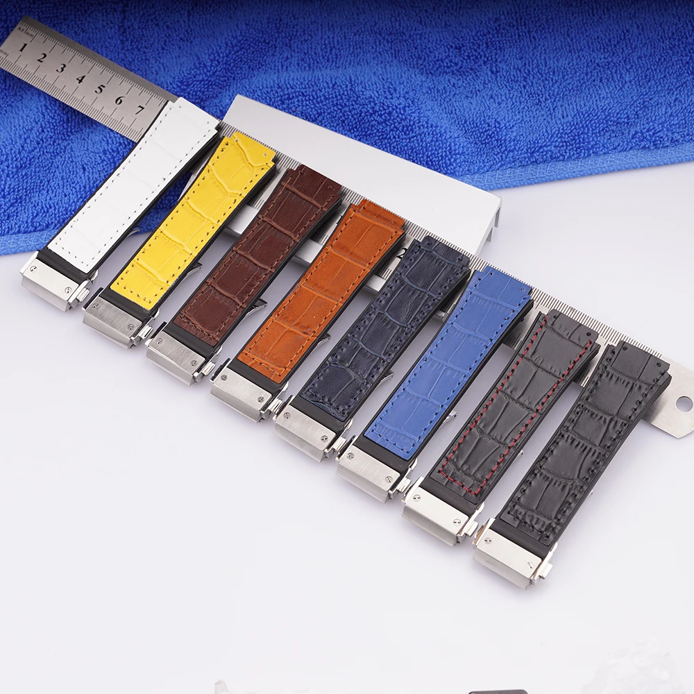 

25*19mm Real Cow Leather Rubber Watch band With Silver Watch Clasp For Hublot Big Bang