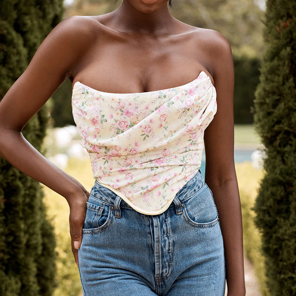 

Sexy Summer Boned Strapless Crop Top Ruched Vest Floral Printed Corset Top