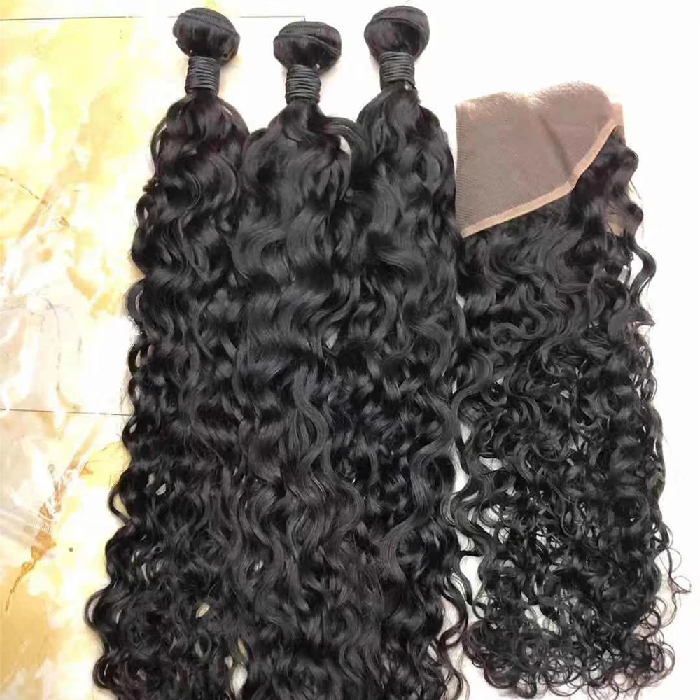 

Brazilian Water Wave Human Hair Bundles With Closure Peruvian Wet and Wavy Hair 4 Bundles Human hair