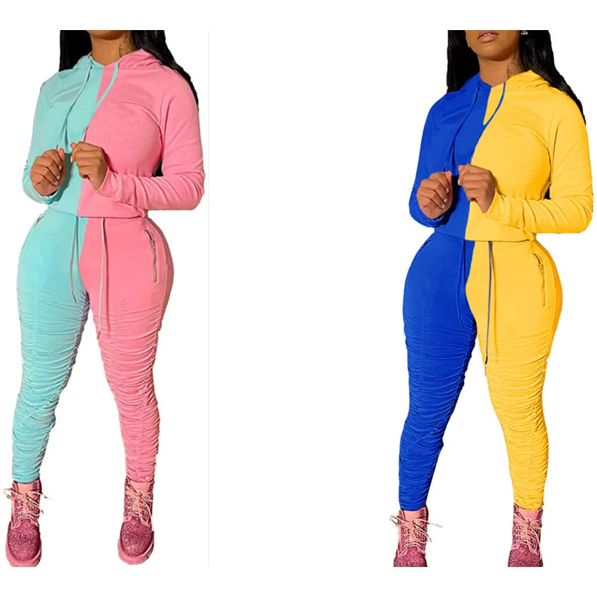 

FS1518D New arrivals Fall long Sleeve contrast color hoodie and stacked pants two piece sets Tracksuit
