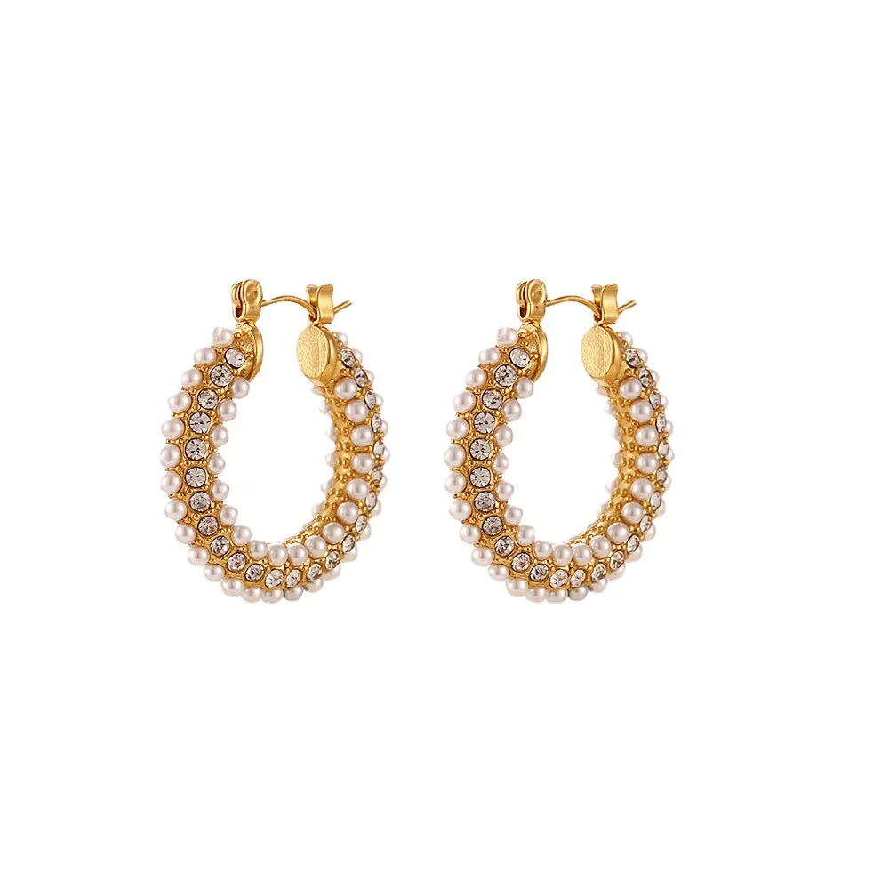 

New Stainless Steel Diamond Set Zircon Pearl Earrings 18K Gold Plated Waterproof Hypoallergenic Luxury Wedding Earrings