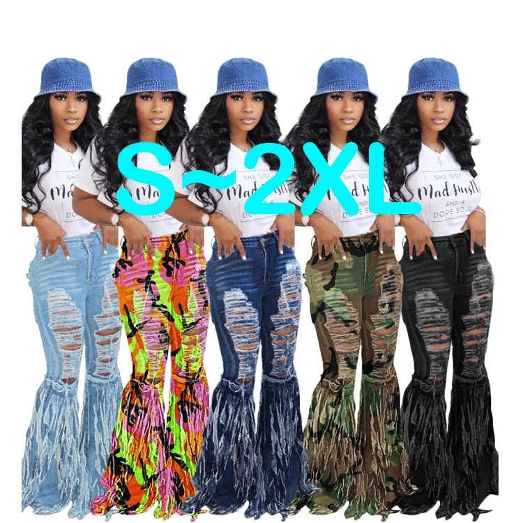 

High Waisted Tassell Camo Print Distressed Plus Size Hem Design Stretch Women Denim Two Tiered Flare Tassels Jeans With Fringe