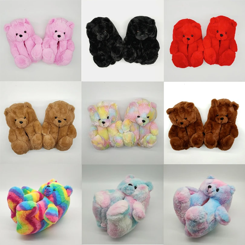 

OMG Free shipping 2021 tesdy slides rainbow large fur furry animal teddy bear  womens non slip indoor house slippers, Colorful