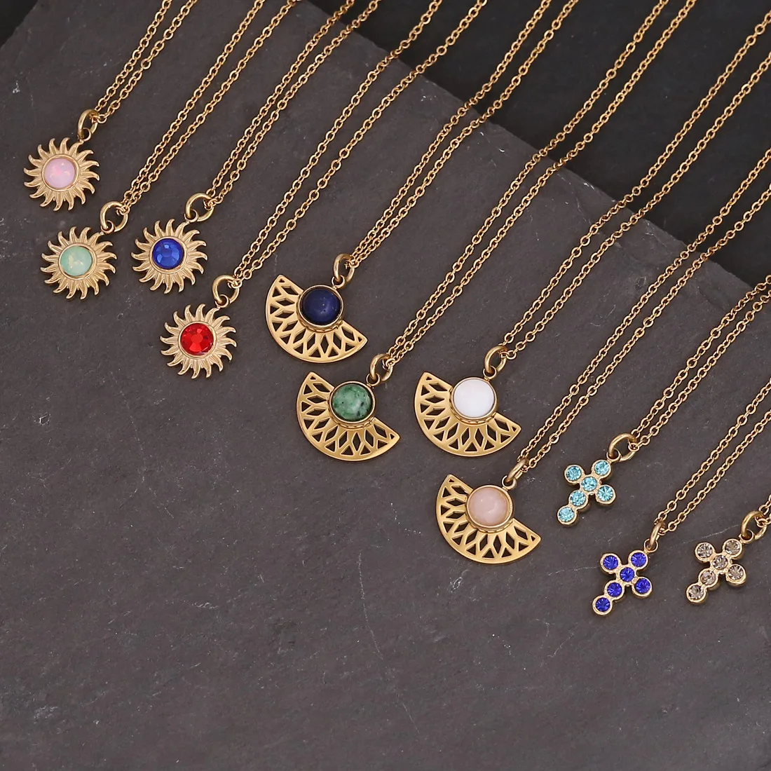 

European Fadeless Vintage Gemstone Hollow Fan Shaped Pendant Necklace Stainless Steel Natural Stone Sun Cross Charm Necklace