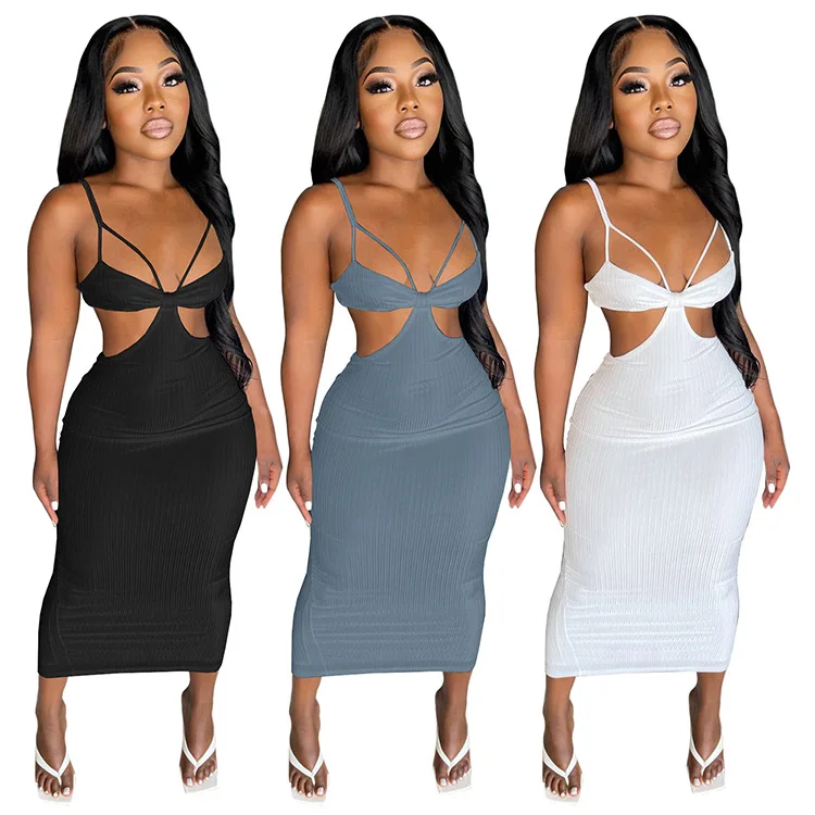 

2021 stylish ladies dress summer rib cut out sleeveless bodycon sexy long sun dresses womens sundress, 3 colors