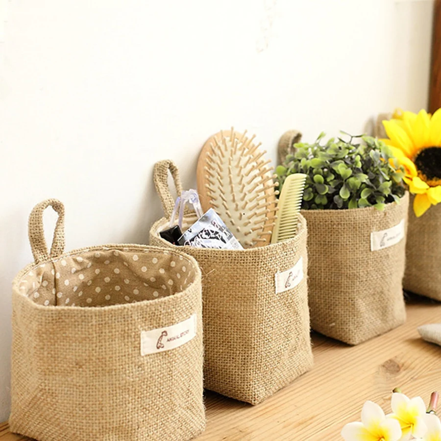 

Mini Zakka Basket Jute Dot Striped Basket Storage Hanging Pouch Bag Cotton Lining Home decoration, Yellow