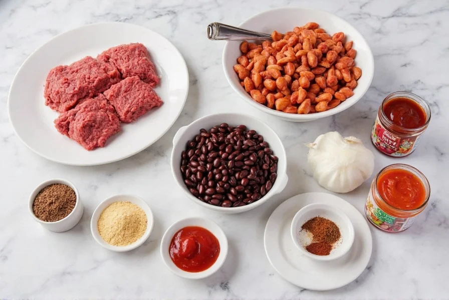 Simple chili recipe ingredients laid out on kitchen counter with ground beef, onions, garlic, tomato paste, beans, crushed tomatoes, and spices