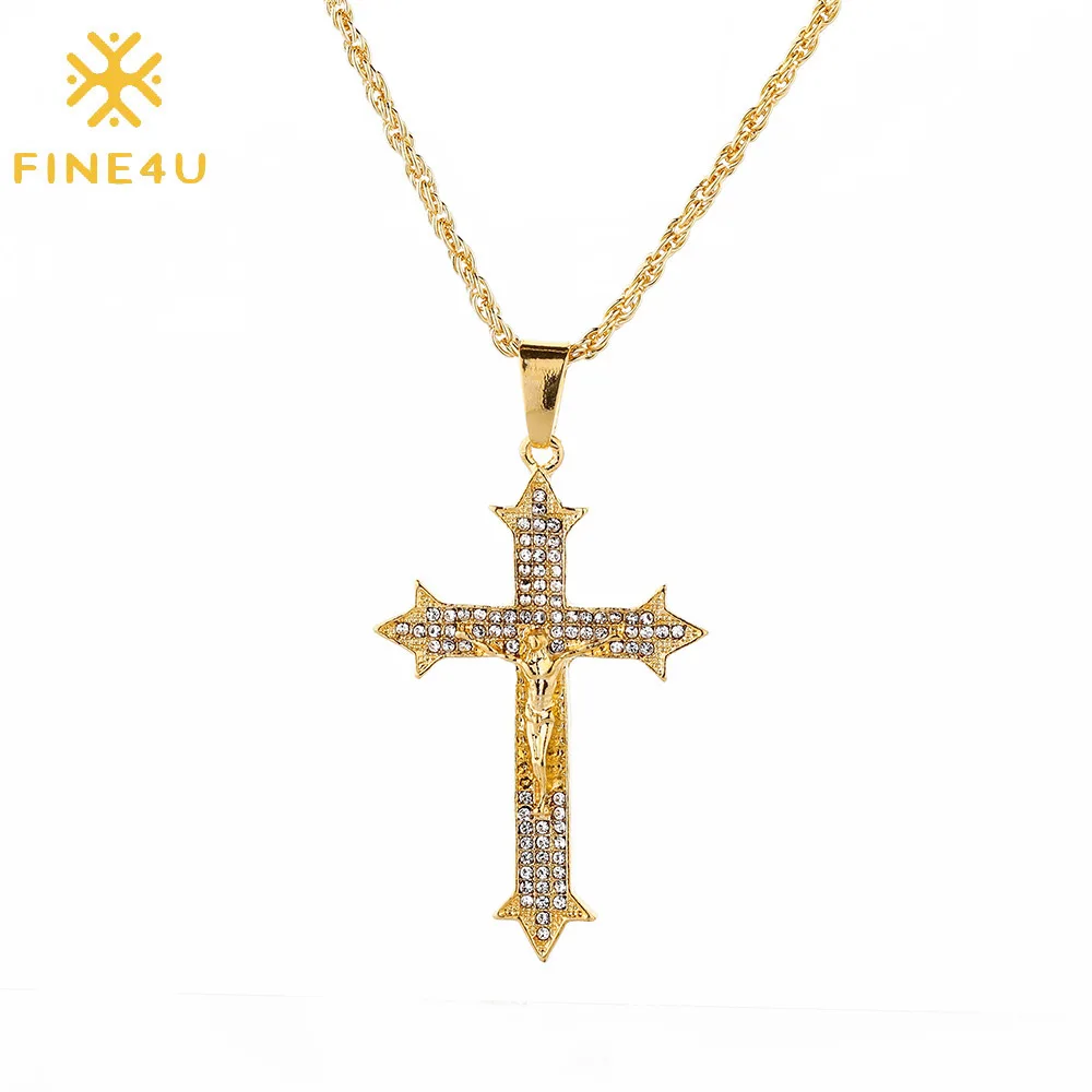 

Men's Diamond Christian Catholic Jesus Christ Jewelry Gold Plated Crucifix Cross Pendant Hip Hop Necklace