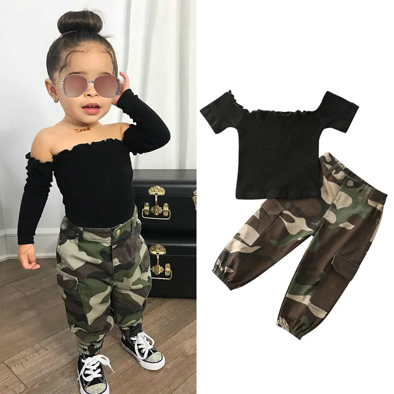 

Sweet Kids Girls Clothes Set Summer Children Black Ribbed Short Sleeve Off Shoulder T Shirts Tops+Camouflage Pants 2Pcs Set 2020, Picture shows